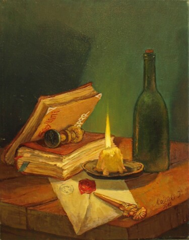Painting titled "S. life at night wi…" by Igor Moscicki, Original Artwork, Oil Mounted on Wood Stretcher frame