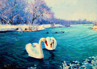 Painting titled "Лебединое озеро" by Igor Pautov, Original Artwork, Oil