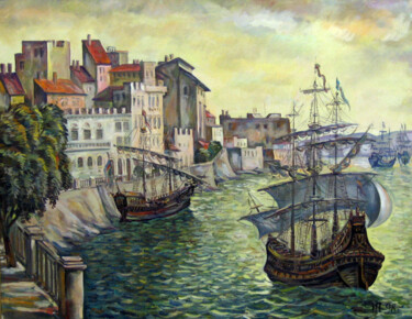 Peinture intitulée "Старинные корабли в…" par Igor Primachenko, Œuvre d'art originale, Huile
