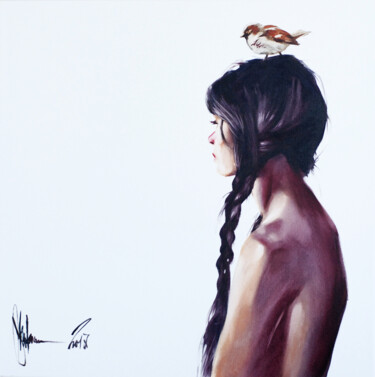 Painting titled "Girl and her bird" by Igor Shulman, Original Artwork, Oil