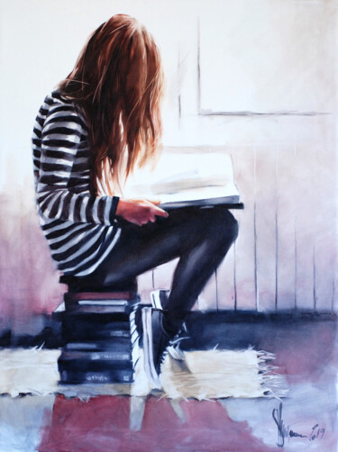 Painting titled "Love to read." by Igor Shulman, Original Artwork, Oil