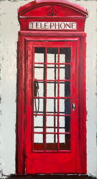 Painting titled "Red phone booth." by Igor Shulman, Original Artwork, Oil Mounted on Wood Stretcher frame