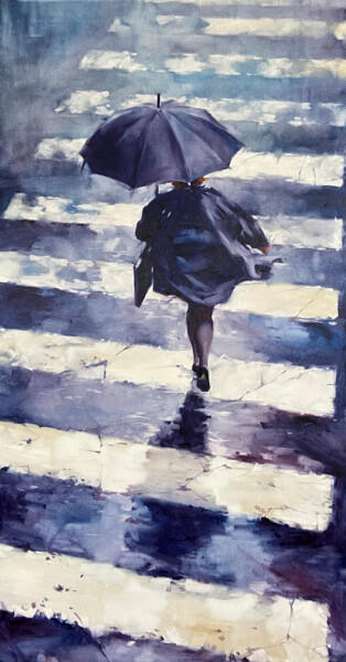 Painting titled "Rainy city." by Igor Shulman, Original Artwork, Oil Mounted on Wood Stretcher frame