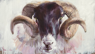 Painting titled "A goat with a black…" by Igor Shulman, Original Artwork, Oil Mounted on Wood Stretcher frame