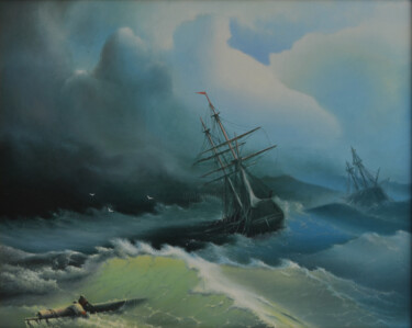Schilderij getiteld "Корабли в бушующем…" door Igor Smirnov, Origineel Kunstwerk, Olie