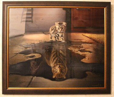 Картина под названием "Отображение кошки в…" - Игорь Сурков, Подлинное произведение искусства, Масло
