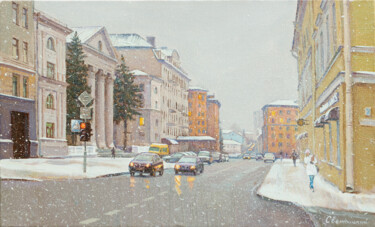 Painting titled "Winter city" by Igor Sventitski, Original Artwork, Oil Mounted on Wood Stretcher frame