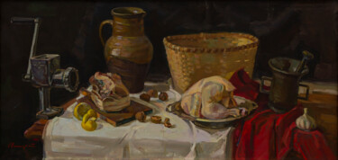 Painting titled "Still life with meat" by Igor Sventitski, Original Artwork, Oil Mounted on Wood Stretcher frame