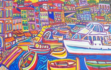 Картина под названием "Le port de Villefra…" - Igor Marceau, Подлинное произведение искусства, Акрил Установлен на Деревянна…