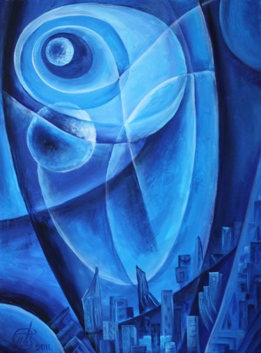 Painting titled "Abstracterra Blue I" by Igor Pozdnyakov, Original Artwork, Oil Mounted on Wood Stretcher frame