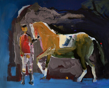 Schilderij getiteld "Rider" door Ihor Melnyk, Origineel Kunstwerk, Olie Gemonteerd op Frame voor houten brancard