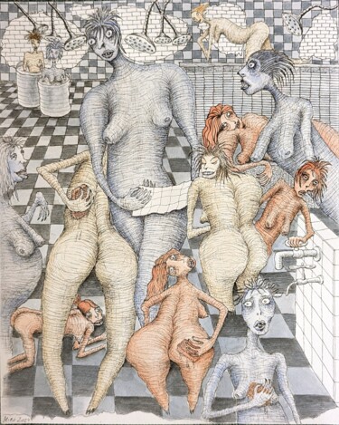 Tekening getiteld "Women's public bath." door Ihor Miroshnycnenko (Miro), Origineel Kunstwerk, Inkt