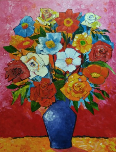Картина под названием "Цветы в вазе" - Vyacheslav Ig, Подлинное произведение искусства, Масло Установлен на Деревянная рама…
