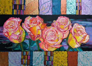 Peinture intitulée "Пять роз" par Vyacheslav Ig, Œuvre d'art originale, Huile Monté sur Autre panneau rigide