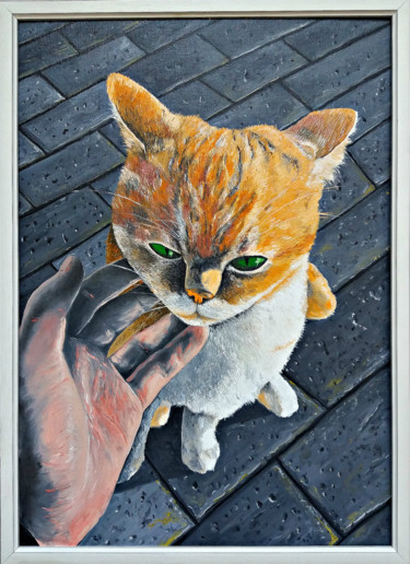 Schilderij getiteld "Котёнок во дворе" door Vyacheslav Ig, Origineel Kunstwerk, Olie Gemonteerd op Andere stijve panelen
