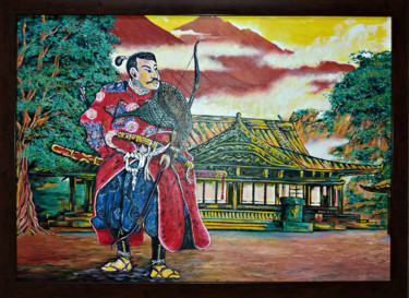 Painting titled "Японский воин с лук…" by Vyacheslav Ig, Original Artwork, Oil Mounted on Cardboard