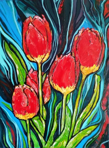 Картина под названием "Тюльпаны" - Vyacheslav Ig, Подлинное произведение искусства, Масло