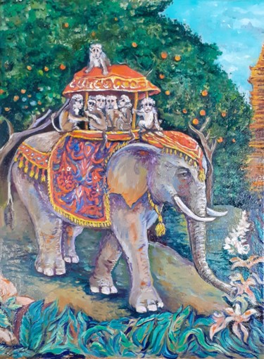 Painting titled "On an Elephant" by Vyacheslav Ig, Original Artwork, Oil