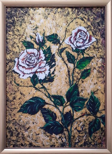 Картина под названием "White roses on gold" - Vyacheslav Ig, Подлинное произведение искусства, Масло Установлен на Деревянна…