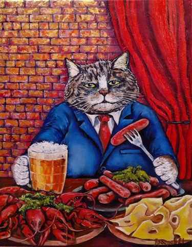 Painting titled "Cat and Beer" by Vyacheslav Ig, Original Artwork, Oil