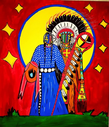 Painting titled "Chief and wife" by Ikce Wicasa, Original Artwork, Acrylic Mounted on Wood Stretcher frame