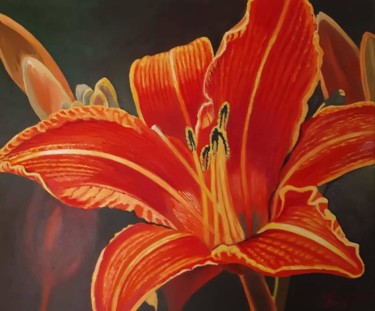 Painting titled "RED LILY" by Iker, Original Artwork, Oil Mounted on Wood Stretcher frame