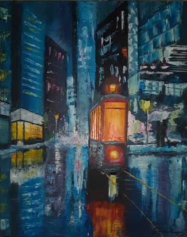 Painting titled "Night Tram" by Iker, Original Artwork, Oil Mounted on Wood Stretcher frame
