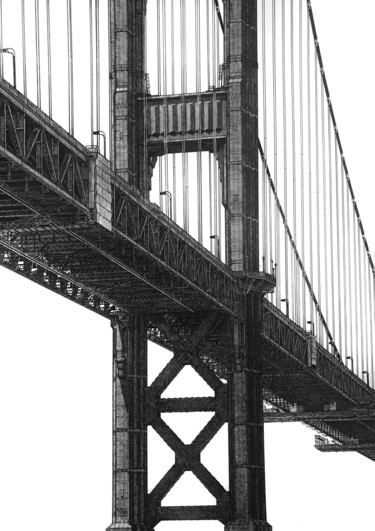 Tekening getiteld "Golden Gate Bridge" door Ikrambek Muratbaev, Origineel Kunstwerk, Inkt