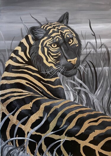 Painting titled "Golden tigress" by Ilia Byzov, Original Artwork, Acrylic