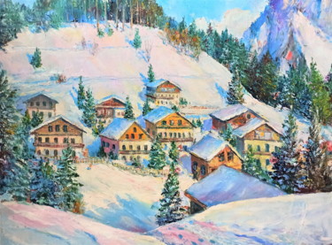 Schilderij getiteld "Ski village" door Ilgiz Murtazin, Origineel Kunstwerk, Olie