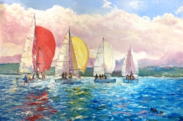 Schilderij getiteld "Sailing regatta" door Ilgiz Murtazin, Origineel Kunstwerk, Olie Gemonteerd op Frame voor houten brancard