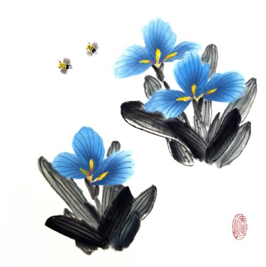 Malerei mit dem Titel "Blue sky irises and…" von Ilana Shechter, Original-Kunstwerk, Aquarell