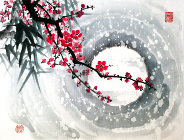 Painting titled "Red plum, bamboo an…" by Ilana Shechter, Original Artwork, Watercolor
