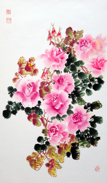 Pintura intitulada "Pink Roses - Orient…" por Ilana Shechter, Obras de arte originais, Aquarela