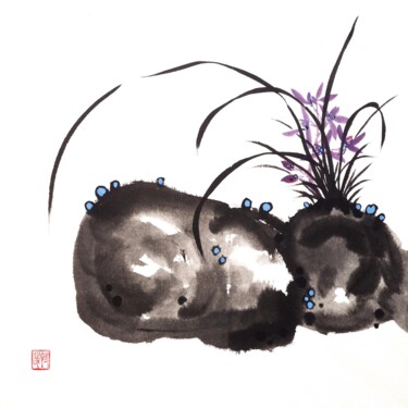 Delicate violet orchid - Oriental Chinese Ink Painting Painting titled "Delicate violet orc…" by Ilana Shechter, Original Art, Watercolor