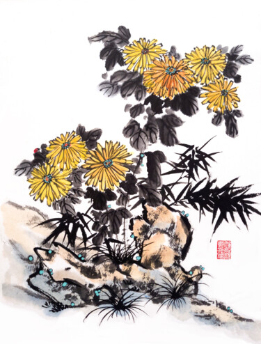 Red ladybug on yellow chrysanthemum - Chinese Ink Painting 绘画 标题为“Red ladybug on yell…” 由Ilana Shechter, 原创艺术品, 水彩