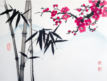 Bamboo and red plum with the background of a mountain Painting titled "Bamboo and red plum…" by Ilana Shechter, Original Artwork, Ink