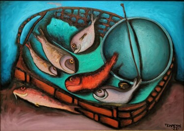 Pintura titulada "Cesta di pesci" por Ilario Tempesti, Obra de arte original, Oleo Montado en Bastidor de camilla de madera