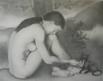 Dessin intitulée "Nudo con gatto" par Ilario Massetti, Œuvre d'art originale, Crayon