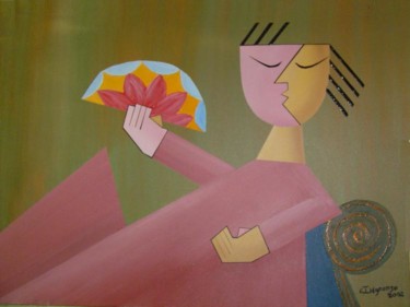 Pintura titulada "Dama con Abanico" por Edna Ildefonso, Obra de arte original
