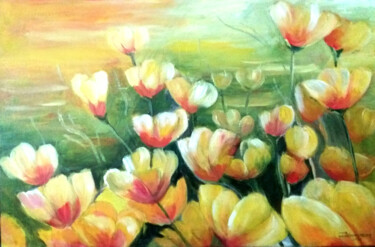 Painting titled "Um campo de tulipas" by Ildemarina Rodrigo, Original Artwork, Acrylic Mounted on Wood Stretcher frame