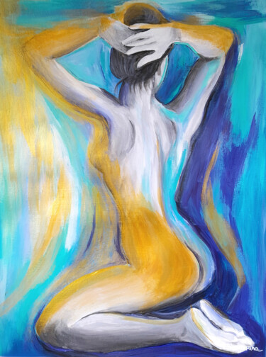 Painting titled "Ouro sobre azul" by Ildemarina Rodrigo, Original Artwork, Acrylic