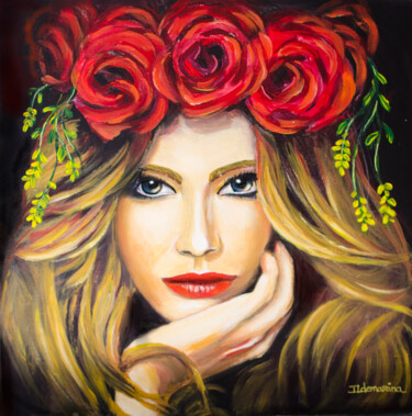Картина под названием "Uma coroa de rosas" - Ildemarina Rodrigo, Подлинное произведение искусства, Акрил Установлен на картон