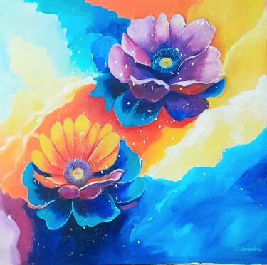 Pintura titulada "Flores Cósmicas" por Ildemarina Rodrigo, Obra de arte original, Acrílico Montado en Cartulina