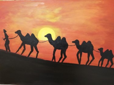 Картина под названием "Верблюды на закате" - Ilgar Mustafayev, Подлинное произведение искусства, Масло