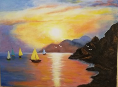 Pintura titulada "яхты на закате" por Ilgar Mustafayev, Obra de arte original, Oleo