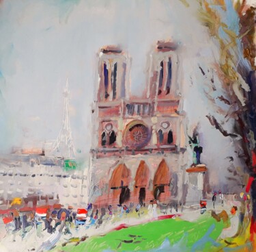 Schilderij getiteld "street scene. Paris." door Ilgvars Zalans, Origineel Kunstwerk, Olie