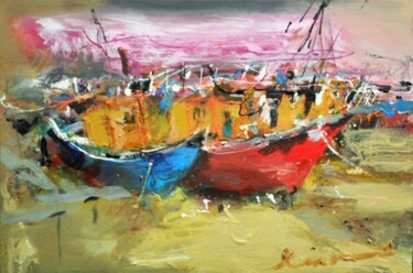 Painting titled "boats at harbour" by Ilgvars Zalans, Original Artwork, Oil