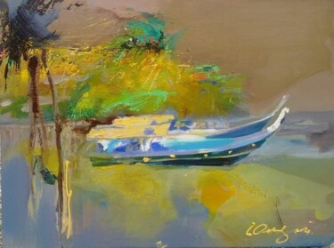 Painting titled "blue boat" by Ilgvars Zalans, Original Artwork, Oil