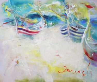 Schilderij getiteld "java boats" door Ilgvars Zalans, Origineel Kunstwerk, Olie